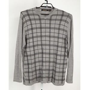 Bachrach Sweater Mens Large Gray 100% Silk V-Neck Windowpane Grid Long Sleeve